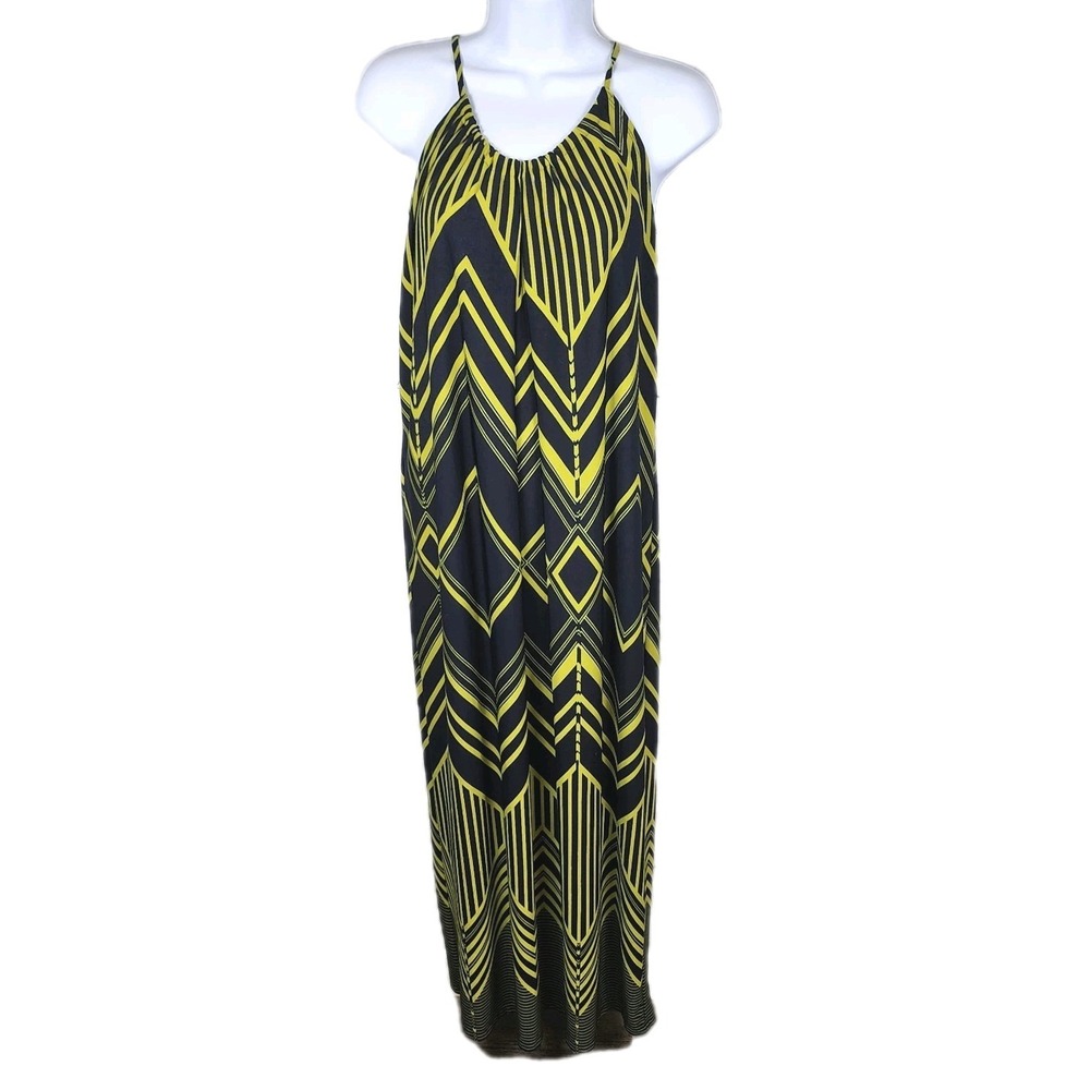 En Focus‎ Studio Maxi Dress Womens 4 Navy Green Zig Zag Stretch Casual 90s Y2K